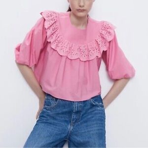 Zara pink ruffled poplin top 7521/002